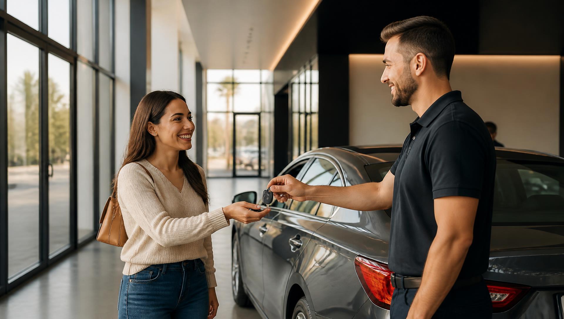 A salesperson handing keys to a customer beside a new sedan in a dealership delivery bay