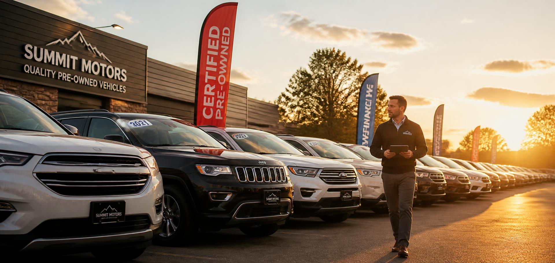 A manager walking the front line of a pre-owned dealership at golden hour
