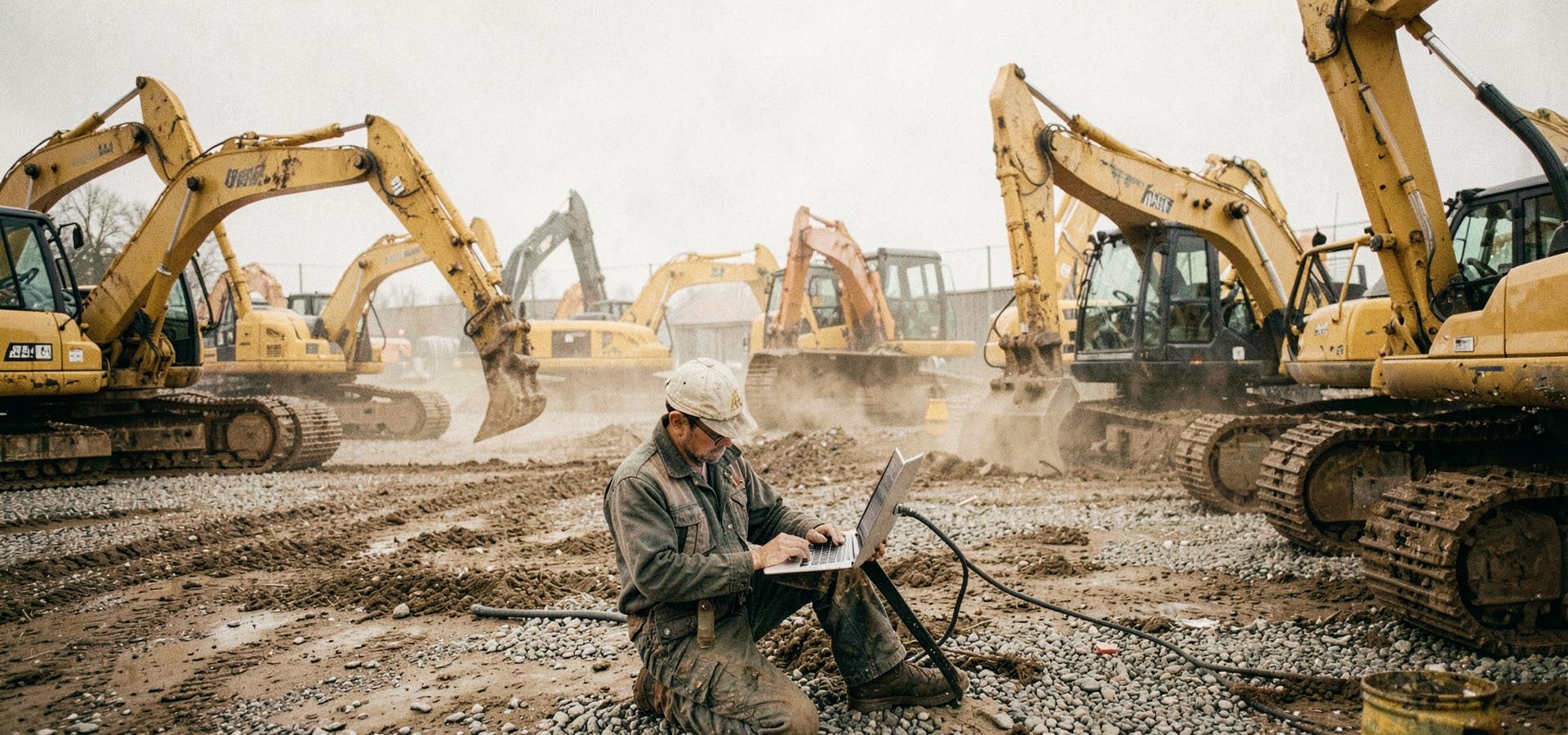 A field technician running diagnostics on a laptop in a heavy equipment yard