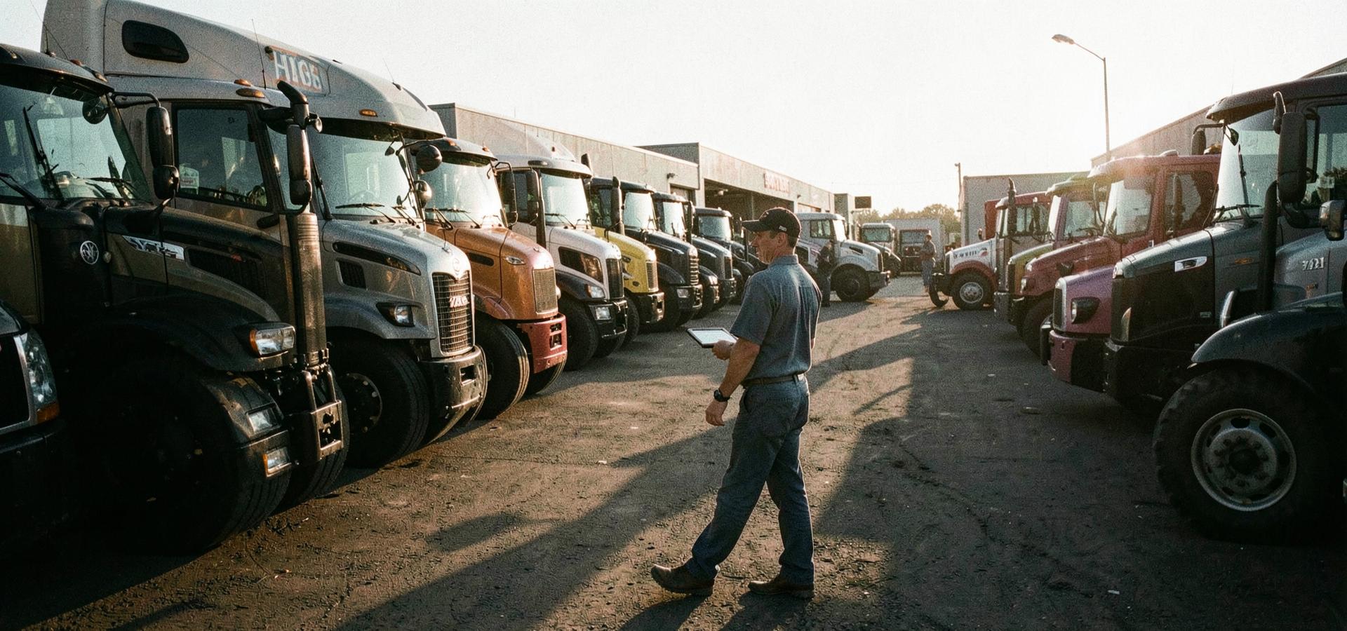 A technician walking the rows of class 8 tractors in a truck dealership yard at dawn