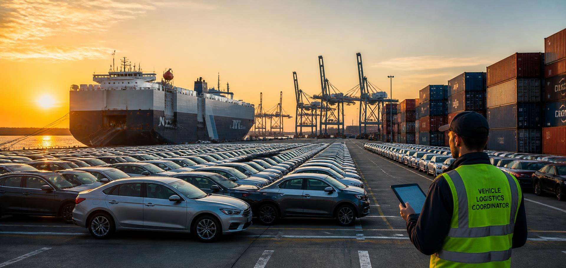 A logistics coordinator checking new vehicles staged at a port marshalling yard at sunrise