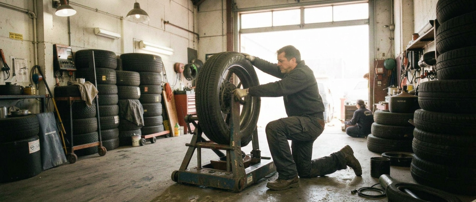 A technician mounting a tire in a busy service bay