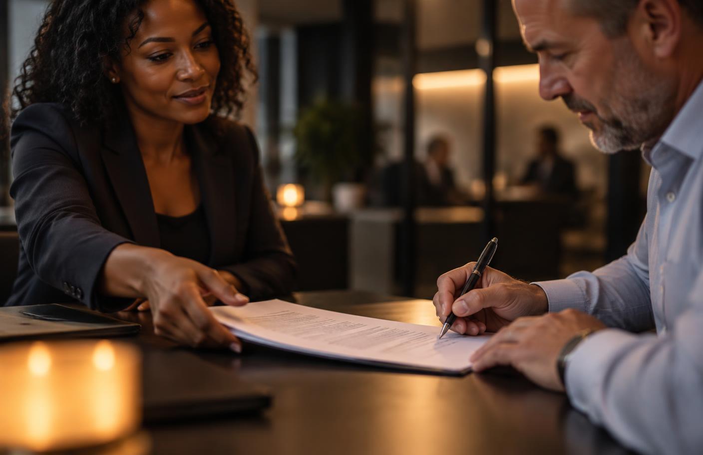 Two people signing paperwork across a desk in a softly blurred office