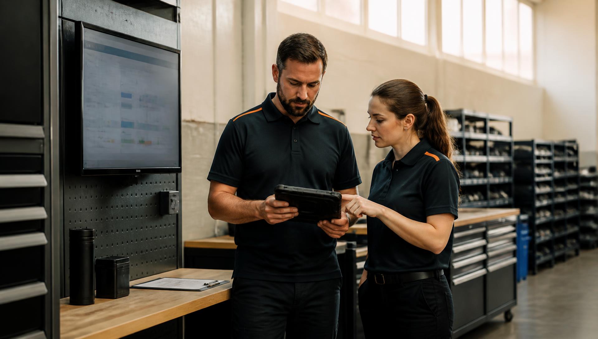 Two dealership staff reviewing a work order on a tablet beside a shop-floor schedule screen